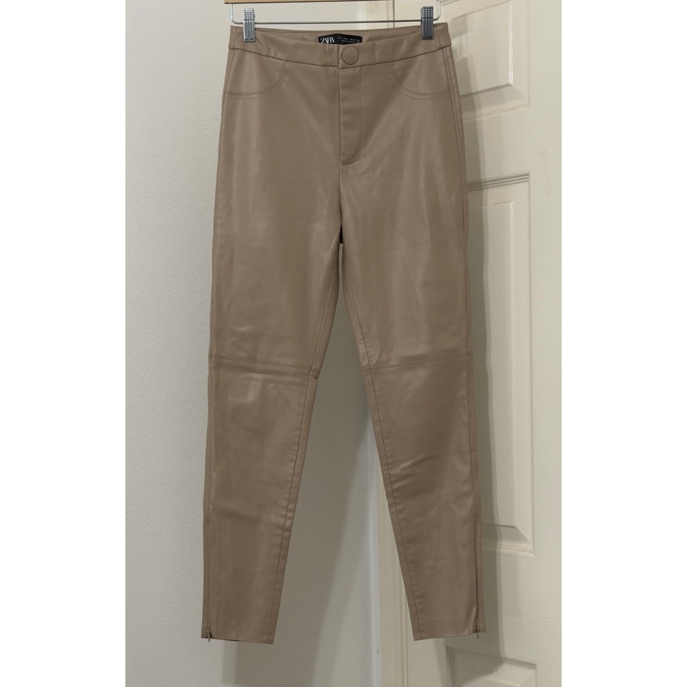 Zara Women sz S Beige Faux Leather High Waisted Skinny Pants Ankle Zip Moto Edgy